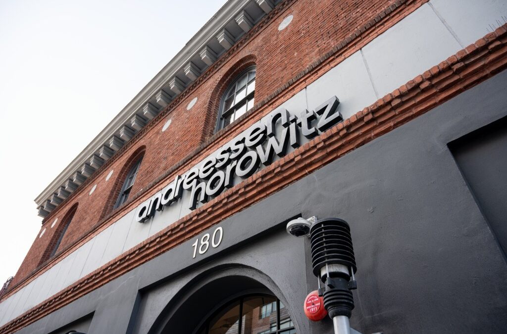 Low angle view of Andreessen Horowitz office building facade with company logo