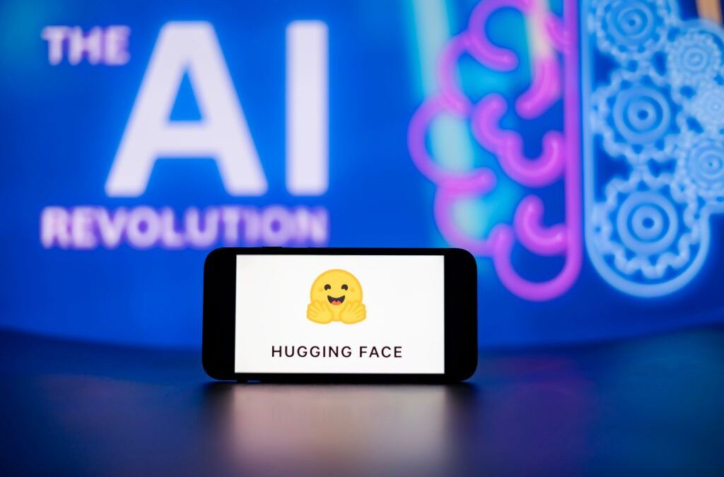 In this photo illustration, the Hugging Face logo seen displayed on a mobile phone screen with the AI (artificial intelligence) revolution symbol in the background.