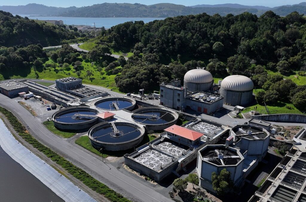 SAN RAFAEL, CALIFORNIA - MARCH 20: In an aerial view, pools of water are visible at Central Marin Sanitation Agency wastewater treatment plant on March 20, 2024 in San Rafael, California. The Biden administration and the Environmental Protection Agency (EPA) are warning states of possible cyberattacks on water systems after recents attacks including one by the Cyber Av3ngers, a group linked to the Iran's Islamic Revolutionary Guard Corps, that targeted internet-facing programmable logic controllers at Pennsylvania’s Municipal Water Authority of Aliquippa. (Photo by Justin Sullivan/Getty Images)
