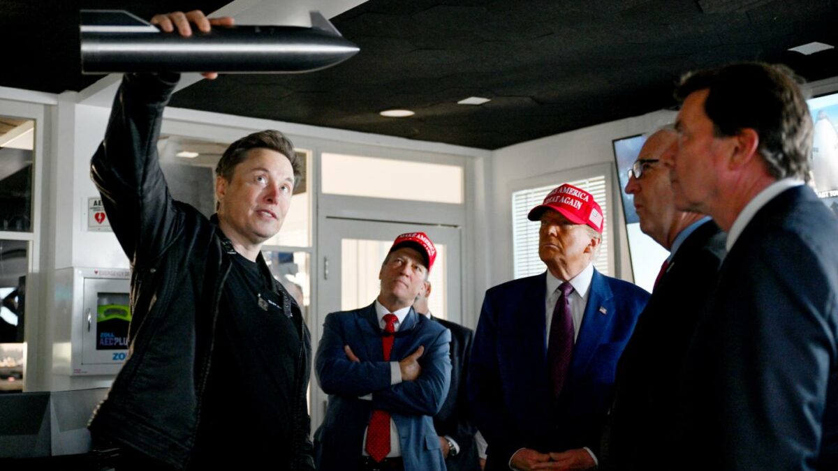 Elon Musk gives a tour to U.S. President-elect Donald Trump and lawmakers of the control room before the launch of the sixth test flight of the SpaceX Starship rocket on November 19, 2024 in Brownsville, Texas.