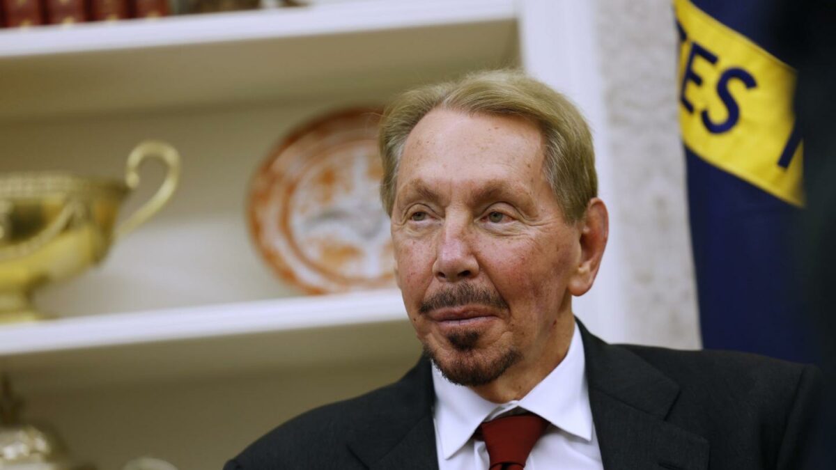 Oracle co-founder, CTO and Executive Chairman Larry Ellison listens as U.S. President Donald Trump speaks to reporters in the Oval Office of the White House on February 03, 2025 in Washington, DC.
