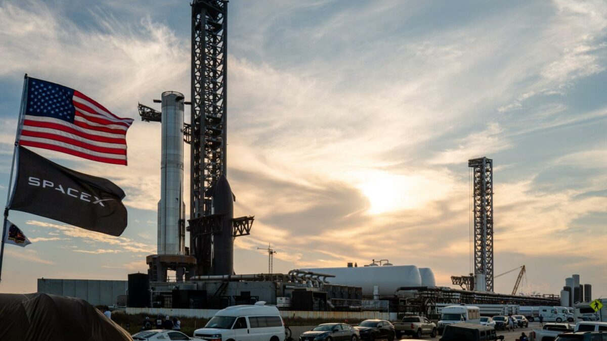 SpaceX Starship Flight 8 is stationed near Orbital Launch Pad A ahead of launch at Boca Chica beach on March 3, 2025 in Boca Chica Beach, Texas.