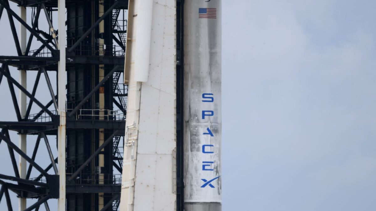 A SpaceX Falcon 9 rocket that is attached to a Dragon spacecraft sits on the pad at Launch Complex 39A at NASA’s Kennedy Space Center before the launch of Axiom Space’s Axiom Mission on June 11, 2025.
