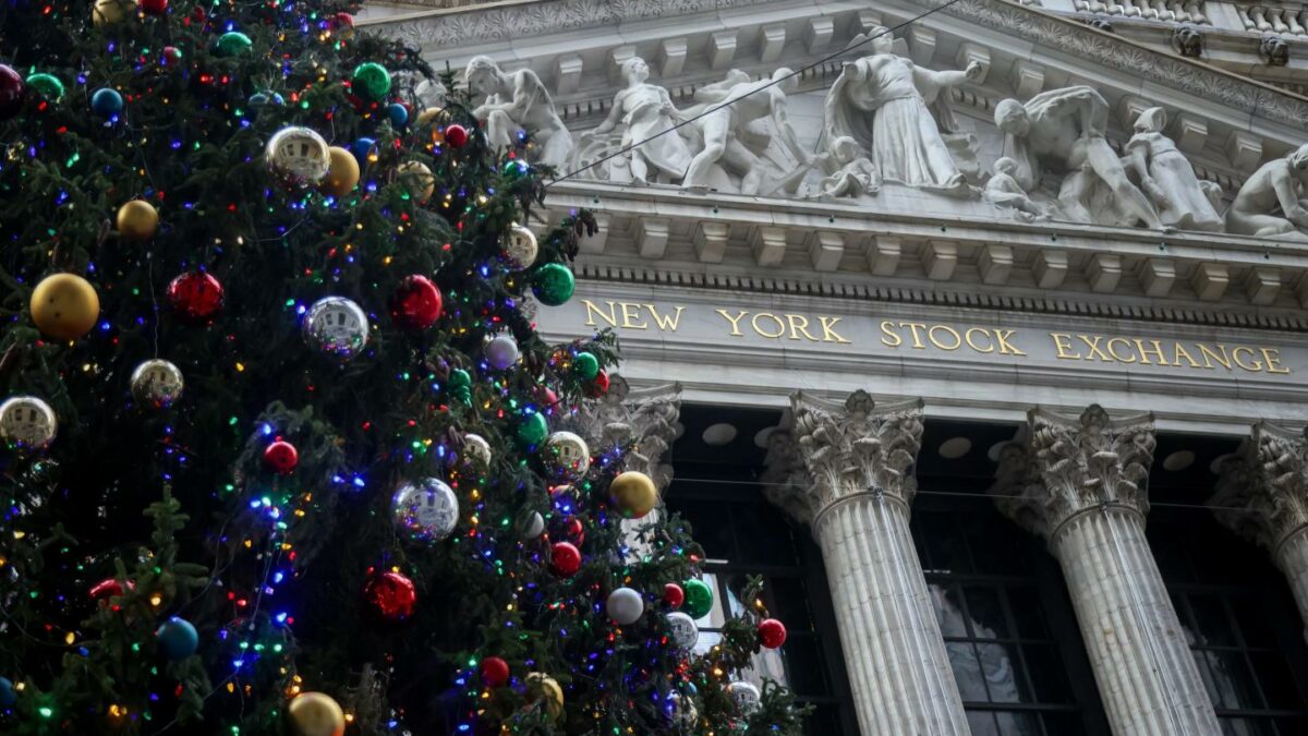 A Christmas tree outside the New York Stock Exchange on Monday, Dec. 8, 2025.