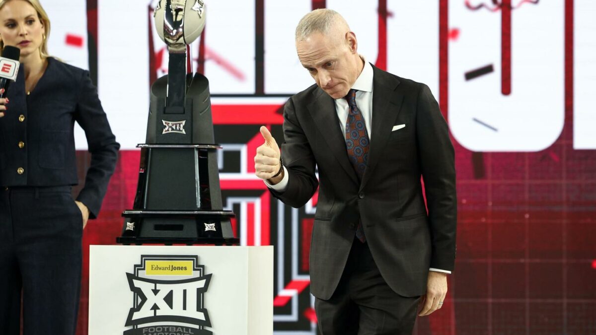 Big 12 commissioner Brett Yormark talks to Texas Tech players from the stage during the Big 12 Championship Game between the Texas Tech Red Raiders and BYU Cougars on December 6, 2025 at Amon G. Carter Stadium in Fort Worth, TX.