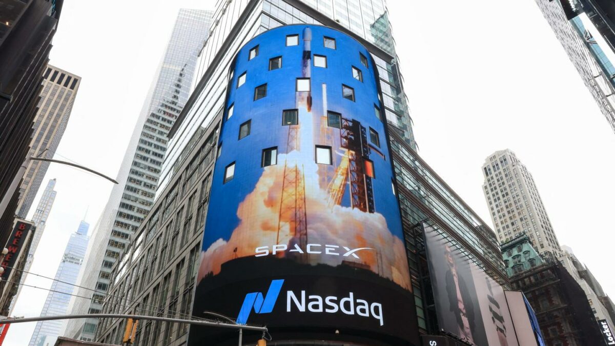 A view of the Nasdaq MarketSite after SpaceX company executives rang the opening bell to celebrate the launch of SpaceX's initial public offering (IPO) in New York on June 12, 2026.