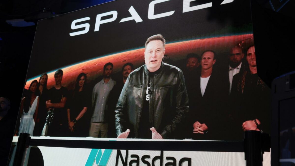 Elon Musk, founder and CEO of SpaceX, speaks via video before the ringing of opening bell at the Nasdaq Marketsite at the launch of the company's initial public offering (IPO) on June 12, 2026.