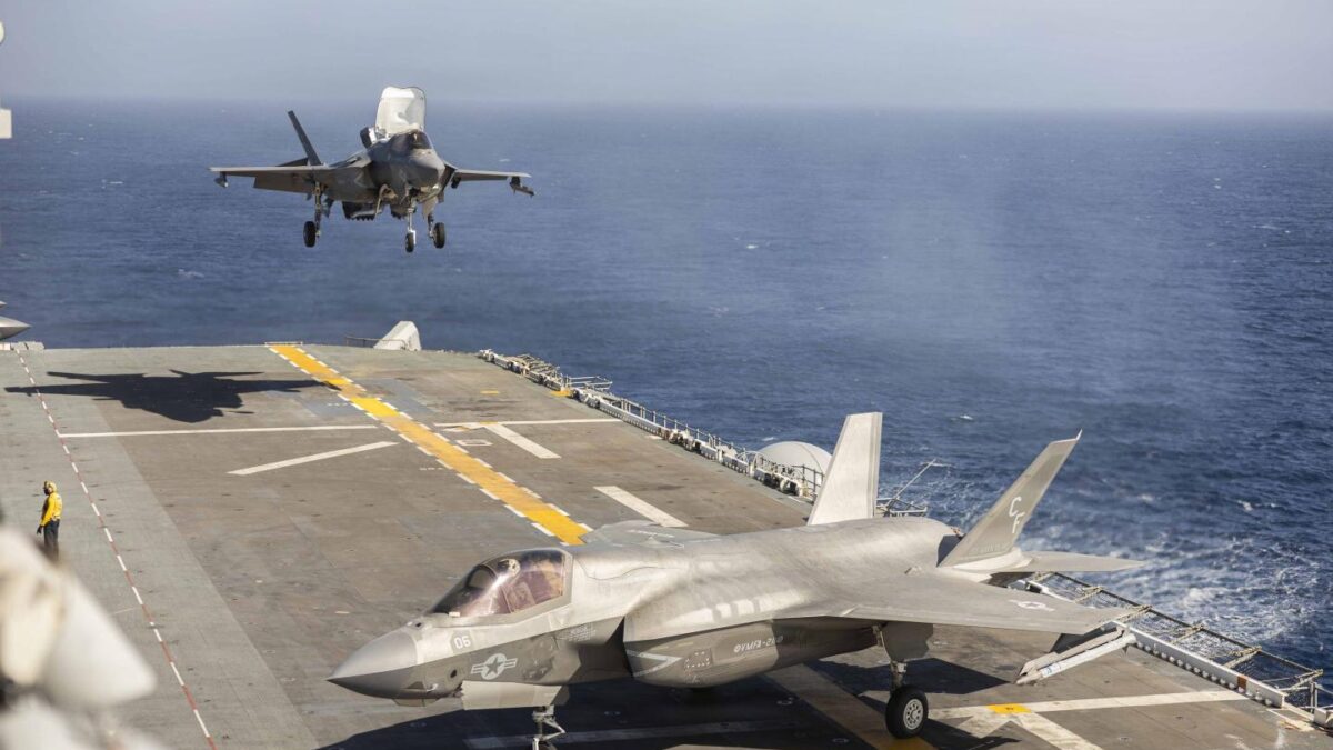 U.S. Marine Corps F-35B Lightning II aircraft land aboard amphibious assault ship USS Makin Island, Sept. 29, 2026.