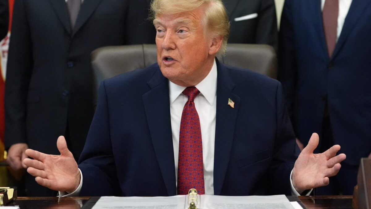President Donald Trump speaks in the Oval Office of the White House.