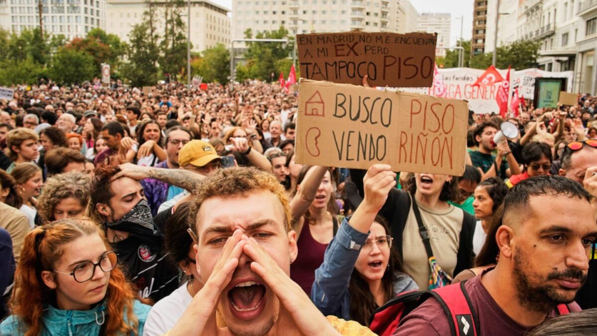 People demonstrate to demand stronger laws to protect renters in Madrid, Spain.