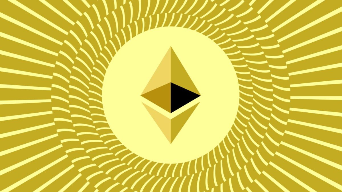 A picture of the Ethereum logo with rays around it.
