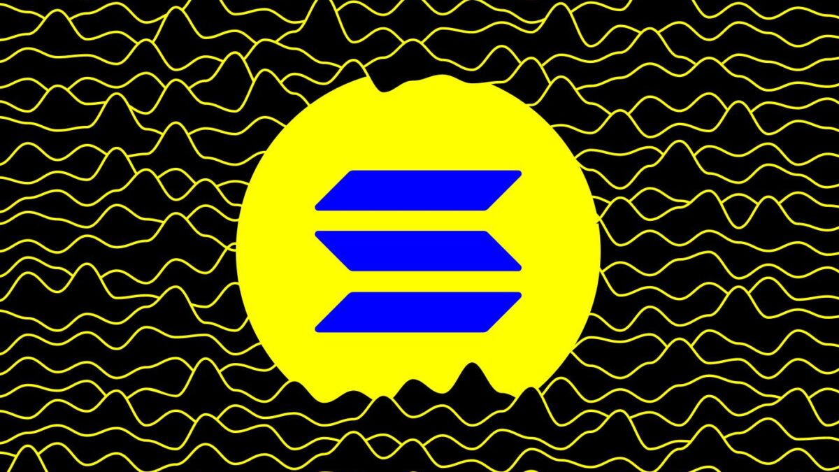 The Solana logo illustrated amid a bunch of squiggly lines.