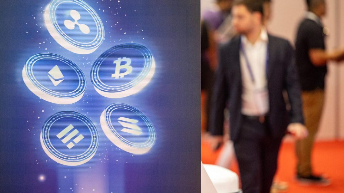 A man walks juxtaposed to a graphic of various cryptocurrencies.