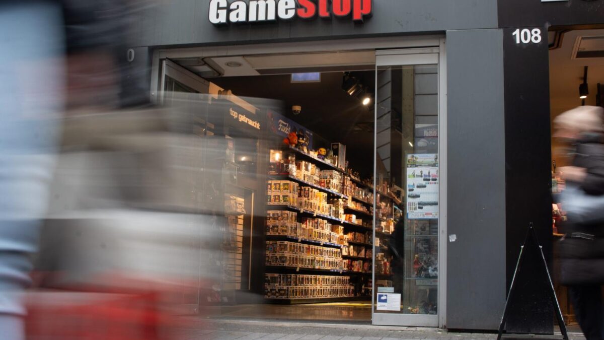 Gamestop shares fell double digits after announcing $1.3 billion Bitcoin purchases.