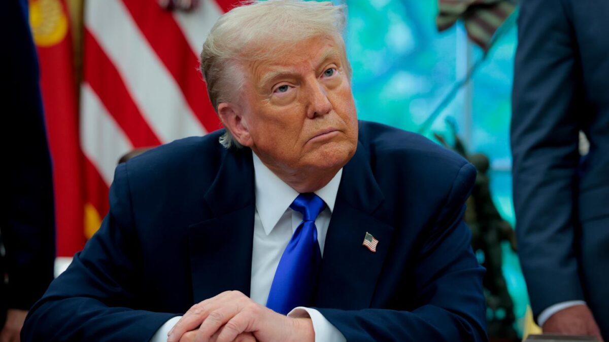 U.S. President Donald Trump takes a question from a reporter in the Oval Office at the White House on May 05, 2025 in Washington, DC.