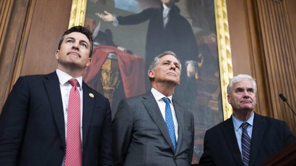 From left, Reps. Bryan Steil, R-Wis., French Hill, R-Ark., and House Majority Whip Tom Emmer, R-Minn., conduct a news conference after the House passed the Guiding and Establishing National Innovation for U.S. Stablecoins (GENIUS) Act, in the U.S. Capitol on Thursday, July 17, 2025.