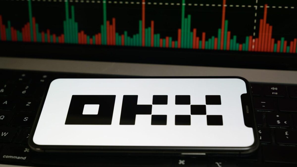 OKX logo with trading chart in the background