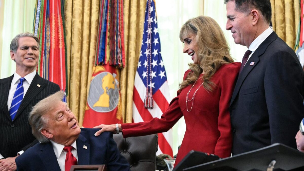 President Donald Trump, alongside Secretary of Treasury Scott Bessent (far left), Susan Dell (second from right), and Michael Dell (far right), speaks about Trump Accounts, investment savings vehicles for children, in the Oval Office on Oct. 7, 2026.